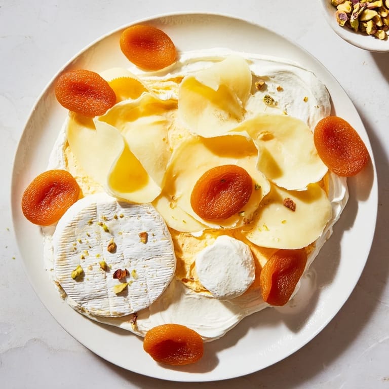 A beautiful Saffron Silk cheese board: Imagine swirls of yellow cheese and apricot against a wooden board.