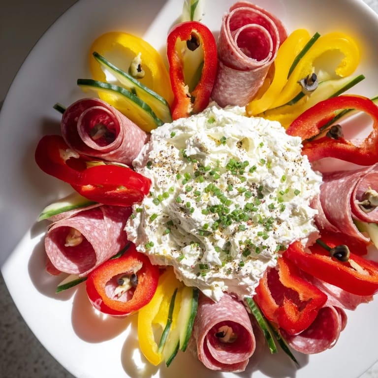 Bright peppers and meat curls circle the central dip, making Medusa Curls a fun appetizer to share.