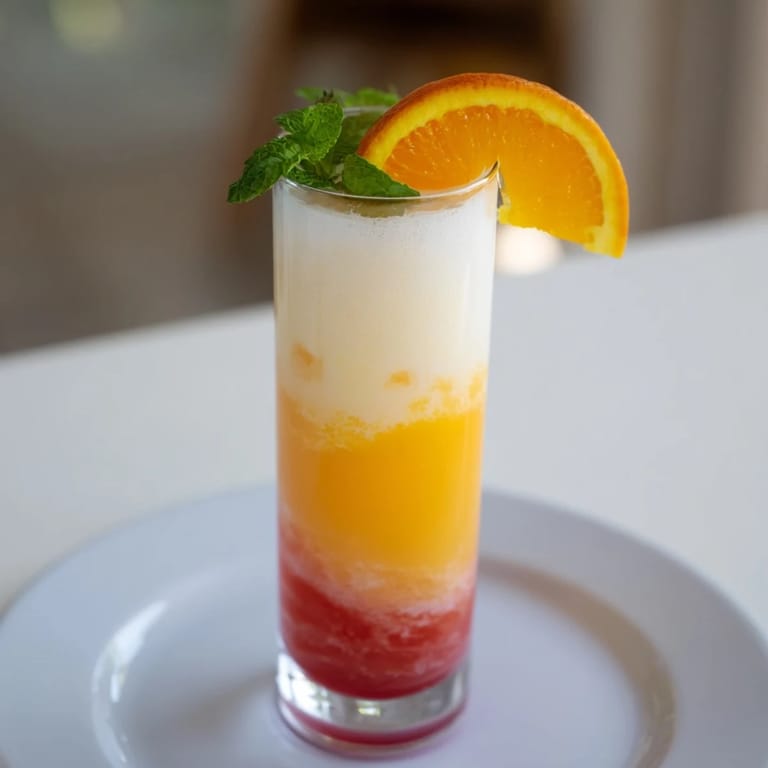 Enjoy a refreshing The Alpine Sunrise, a beautiful layered mocktail perfect for brunch.