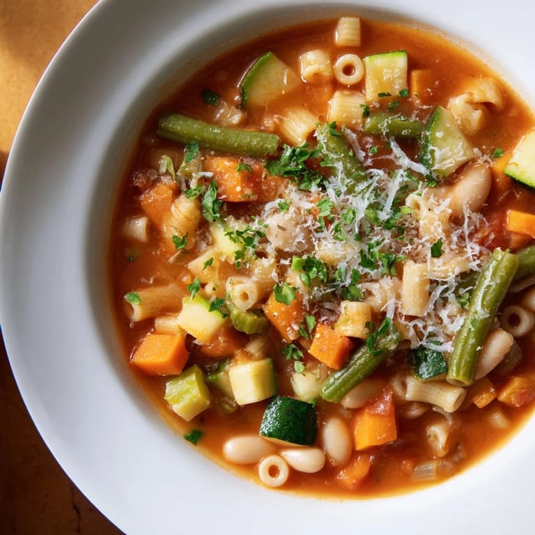 Close-up of a flavorful Simple One-Pot Minestrone Soup, a delicious and easy Italian vegetarian meal.