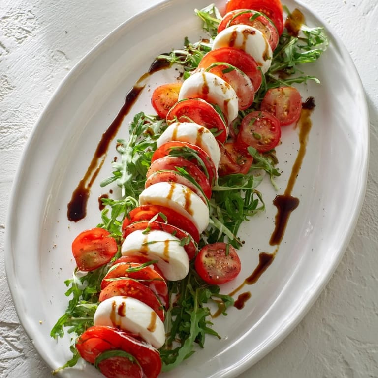 Fresh mozzarella pearls elegantly draped on this Pearly Strand salad invite a delicious bite.