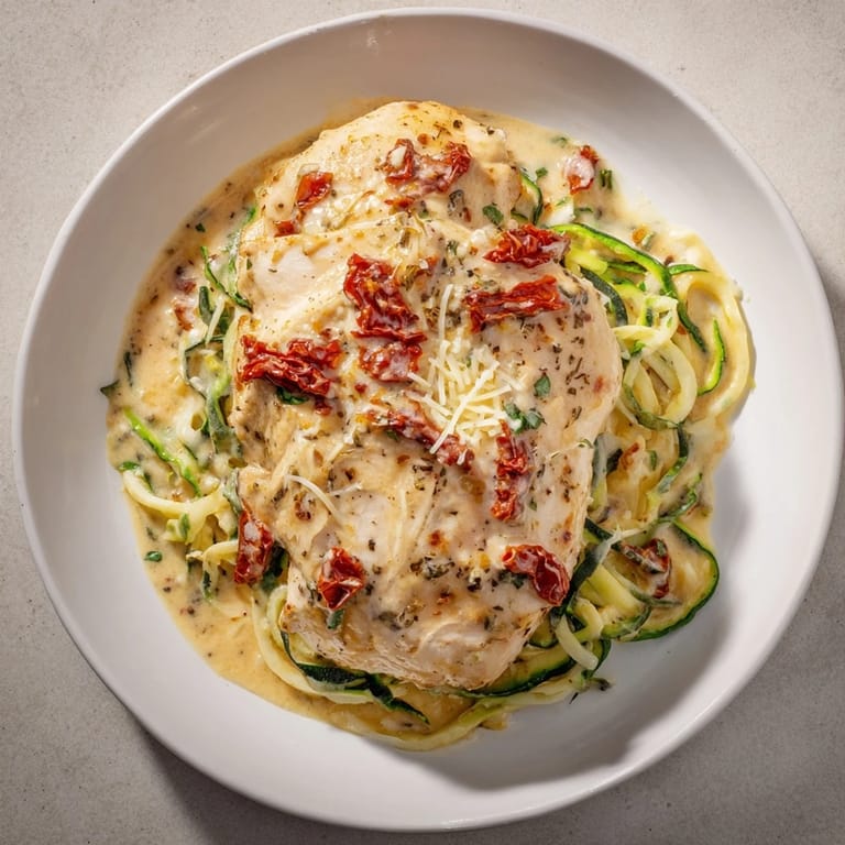 Creamy sun-dried tomato sauce blankets tender Marry Me Chicken and zoodles—a mouthwatering recipe, easily made.