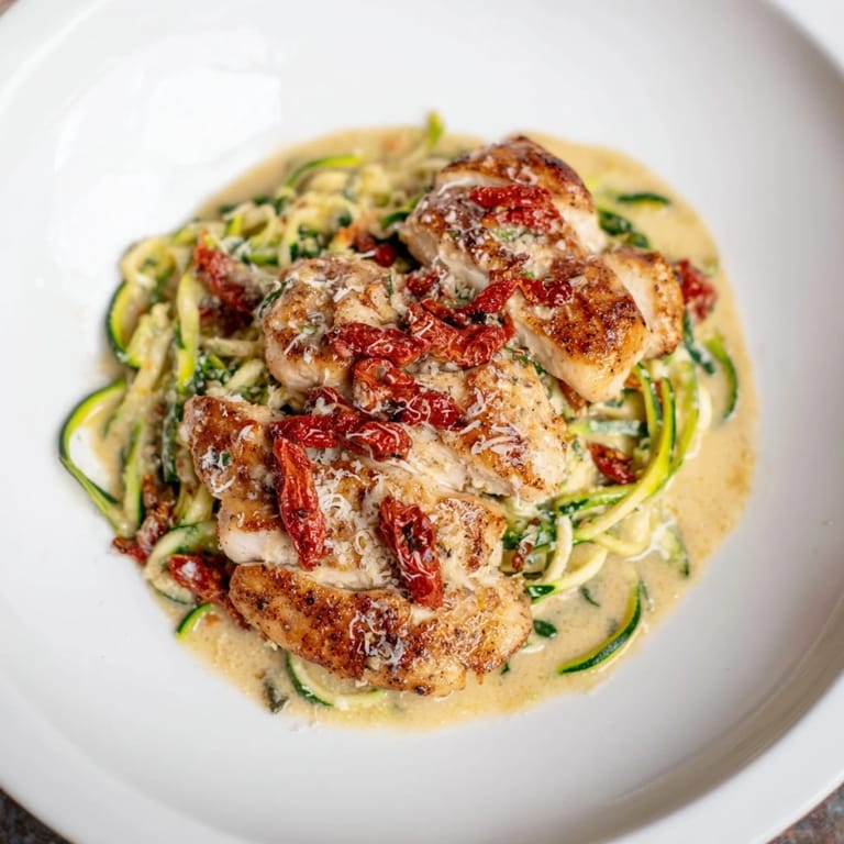 A close-up reveals luscious Marry Me Chicken served over vibrant zucchini noodles, perfect for a cozy, delicious dinner.