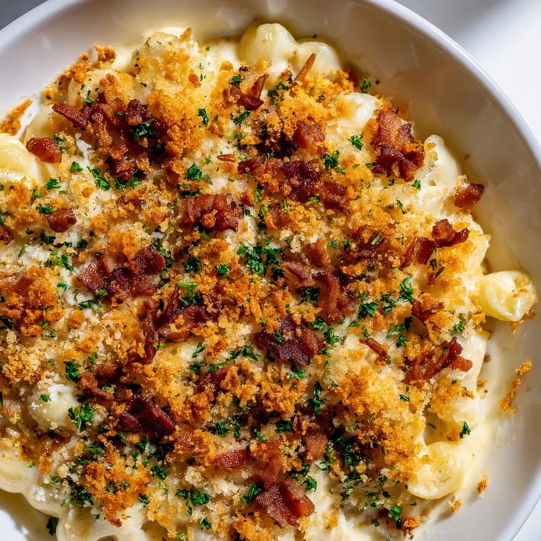 Close-up of Tinis Mac and Cheese with Bacon, featuring melted cheese and crunchy bacon pieces.