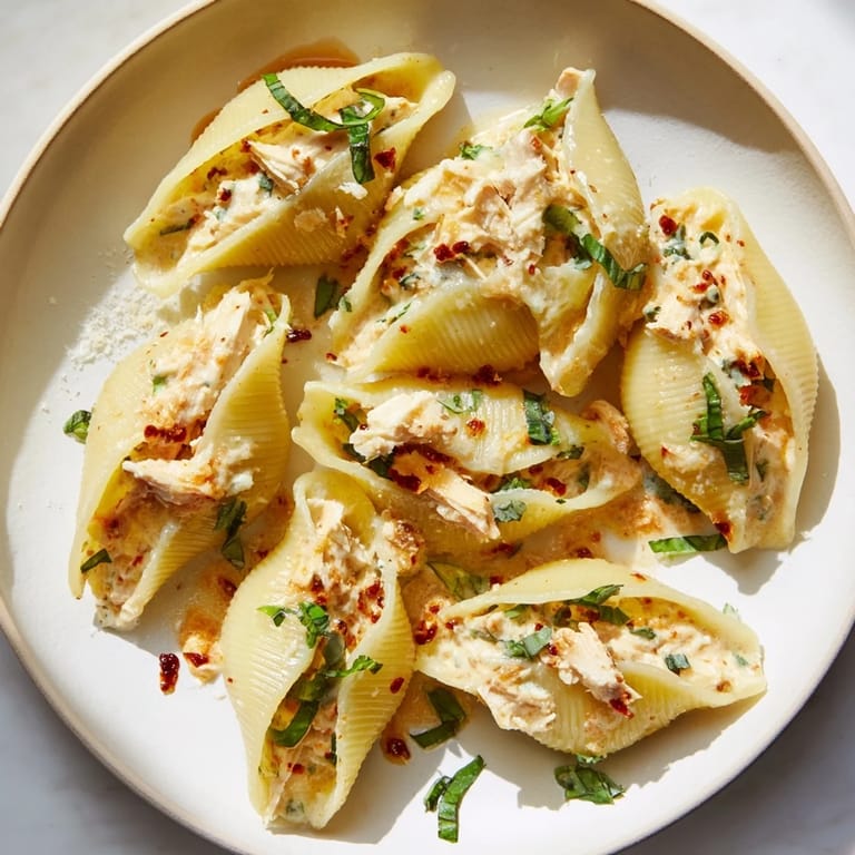 Golden-brown baked Marry Me Chicken Stuffed Shells, garnished with fresh basil, ready to eat and enjoy.