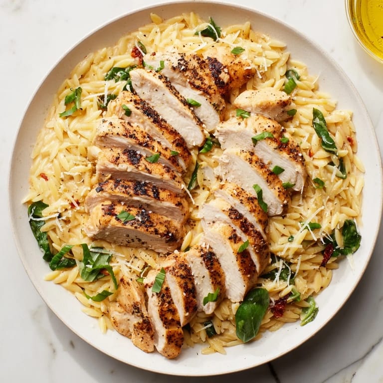 Showcasing golden chicken breasts nestled in creamy, cheesy Marry Me Chicken Orzo with sun-dried tomatoes.