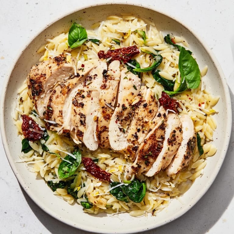 A steaming bowl of flavorful Marry Me Chicken Orzo, ready to serve, perfect for a special dinner tonight.