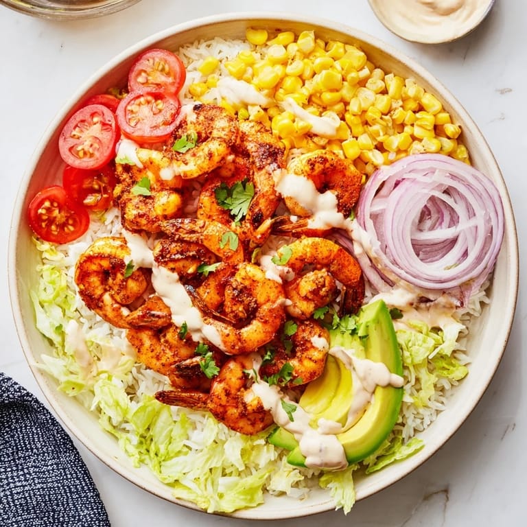 Enjoy a satisfying bite of Cajun Shrimp Taco Bowls, featuring a warm spice and fresh, cool toppings.