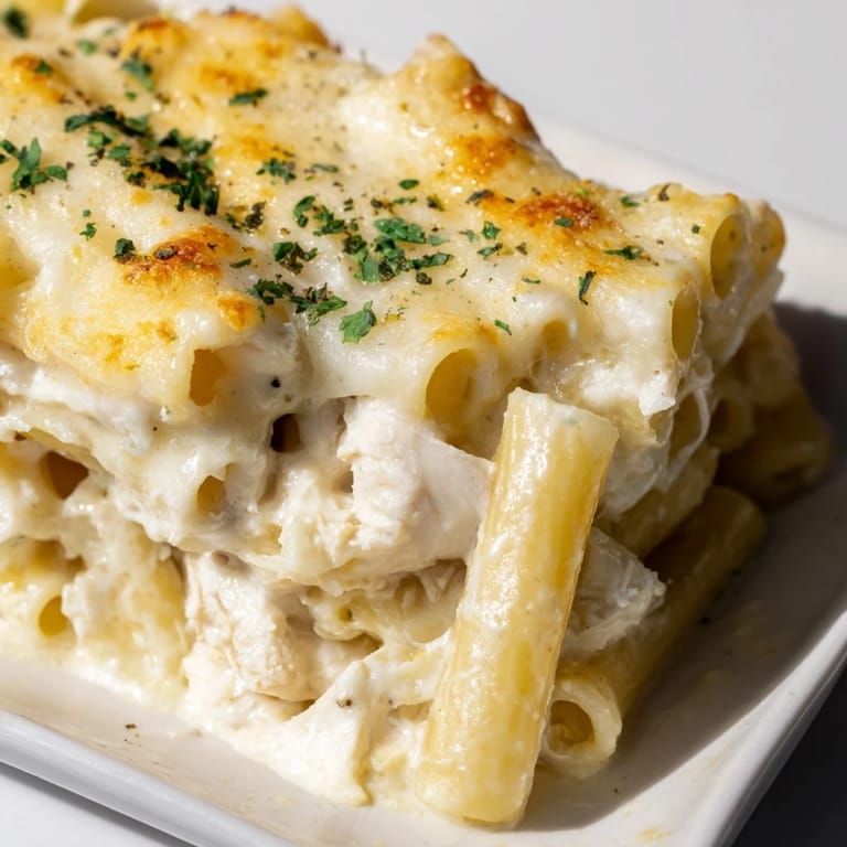 A steaming casserole dish of Chicken Alfredo Bake, filled with tender chicken and pasta.