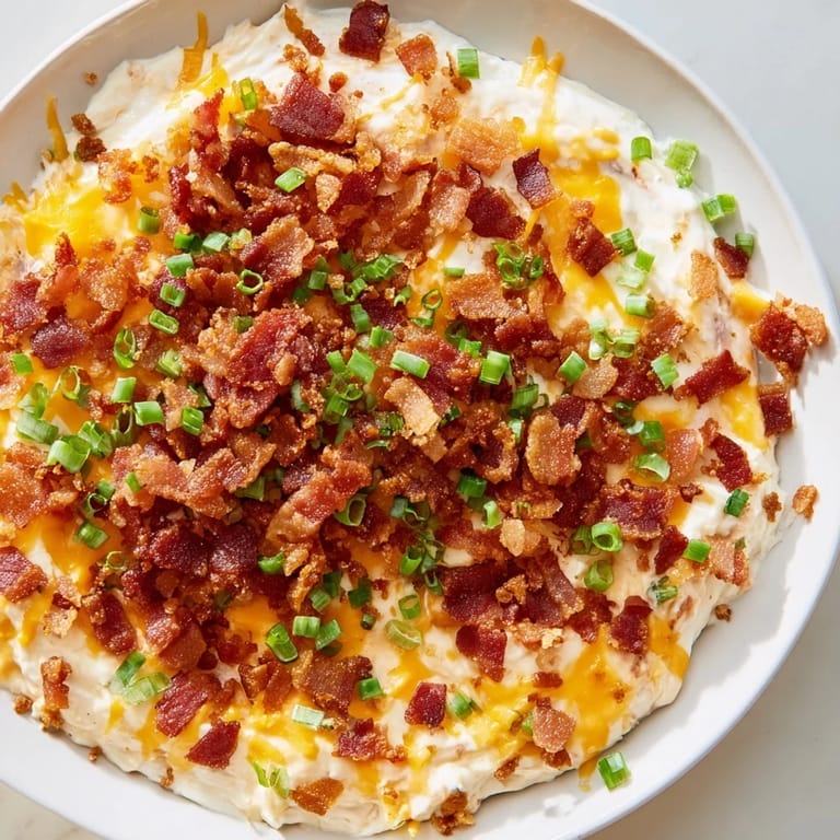 Golden brown, bubbling Cheesy Bacon Ranch Dip, garnished with green onions, perfect for dipping.