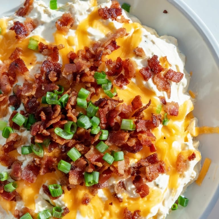 A close-up of gooey Cheesy Bacon Ranch Dip, showing melted cheese and crumbled bacon throughout.