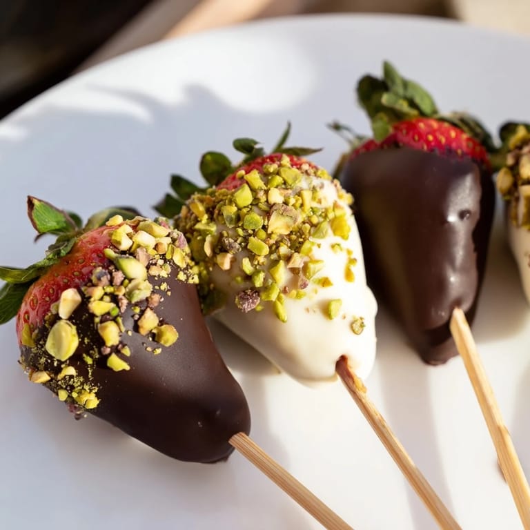 Close up shot of delectable Chocolate-Dipped Strawberry Skewers, artfully garnished with chopped pistachios and shredded coconut.