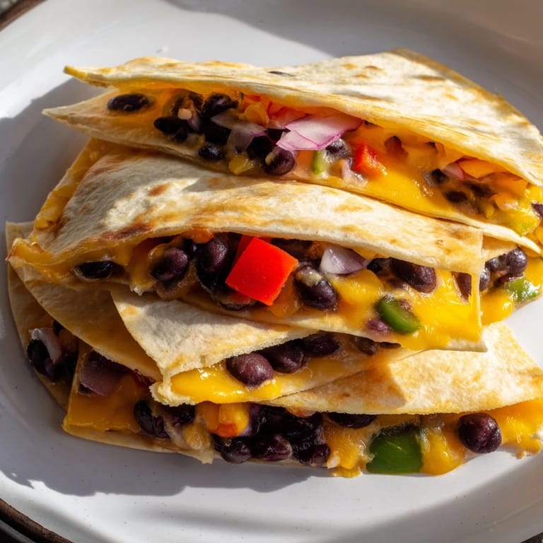 Melted cheese spills from a delicious black bean quesadilla, offering a quick and satisfying vegetarian meal idea.