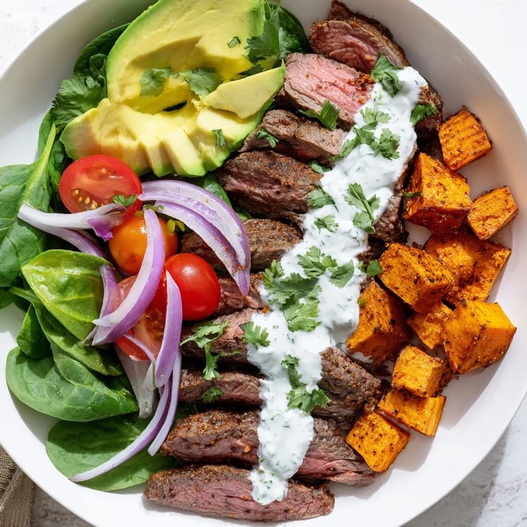 Perfectly plated Beef Avocado Sweet Potato Bowl with a creamy yogurt dressing, a flavorful and easy meal.