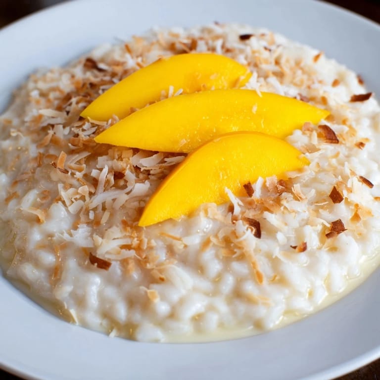 Sensory details: steaming Toasted Coconut Rice Pudding with subtle sweetness and irresistible coconut flavor.