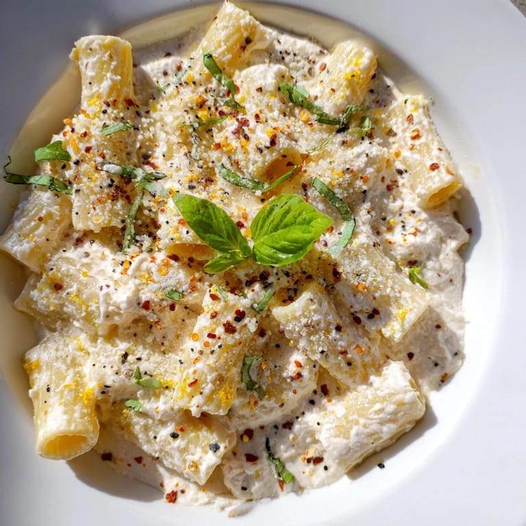 Savory Creamy Cottage Cheese Pasta with Parmesan cheese, ready to enjoy as a quick weeknight dinner.