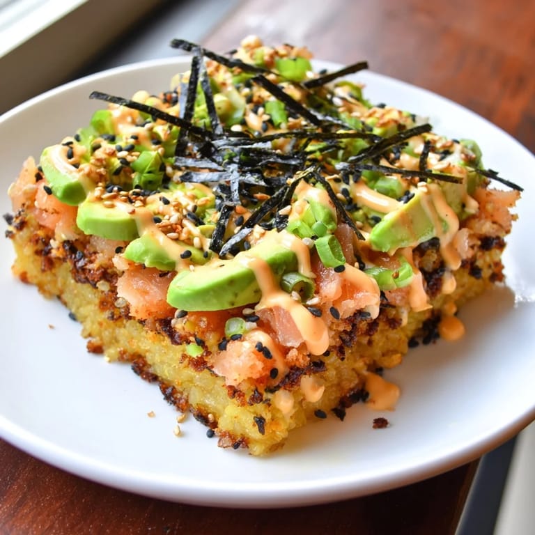 A close-up of crispy rice salmon stack: perfectly fried rice layered with fresh salmon and sesame seeds.