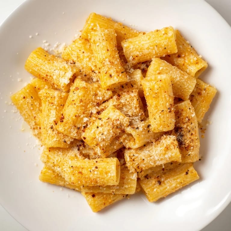 Air-fried pasta chips, a crunchy and delicious Italian-American snack, tossed with Parmesan cheese.