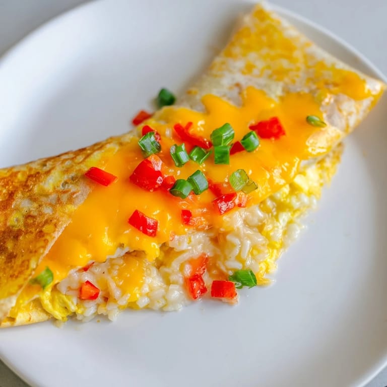 A close-up view of a perfectly folded Rice Paper Egg Cheese Wrap, showcasing a savory, cheesy filling.