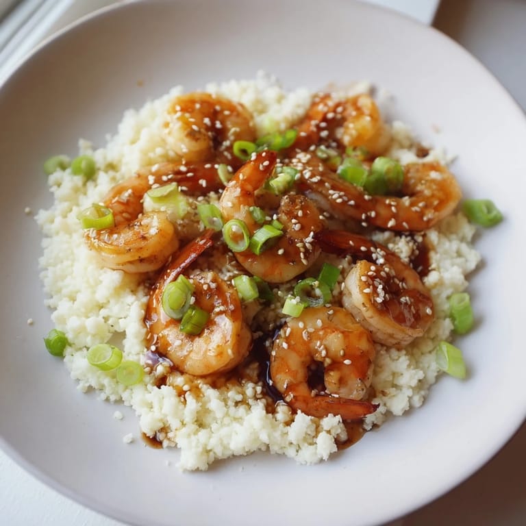 Close-up of flavorful ginger garlic shrimp piled atop cauliflower rice, ready to eat and enjoy.