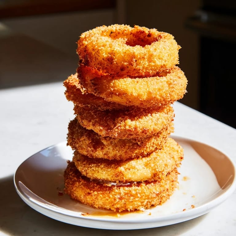 This photo shows a delicious, towering stack of perfectly fried Crispy Onion Rings ready to serve.