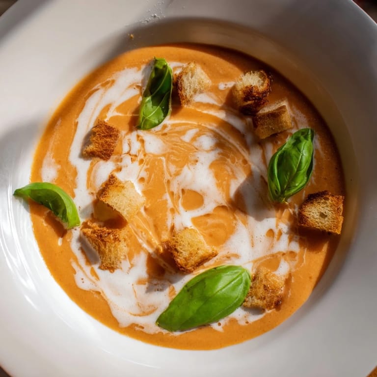 A steaming bowl of Creamy Roasted Garlic Tomato Soup, showcasing a swirl of cream and vibrant tomatoes.