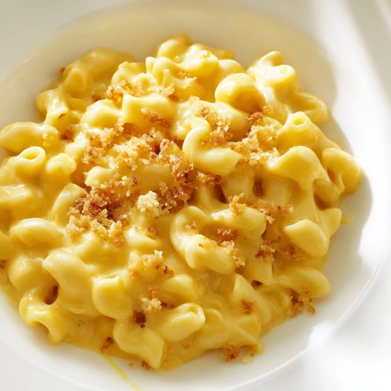 A close-up of creamy Pumpkin Mac & Cheese, with a swirl of pumpkin and melted cheese.