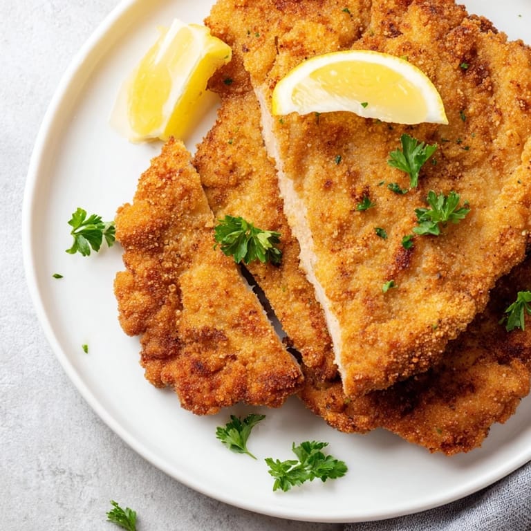 A close-up of a delectable German Schnitzel, showcasing its golden crust and inviting texture, ready to eat.