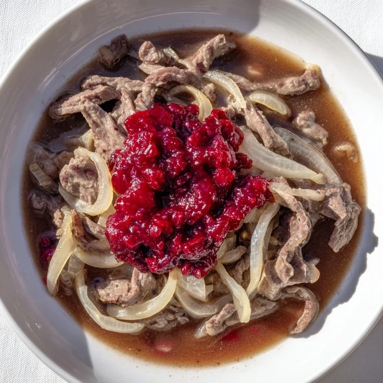 A comforting bowl of Finnish Reindeer Stew; imagine the savory aroma with sour cream swirl.