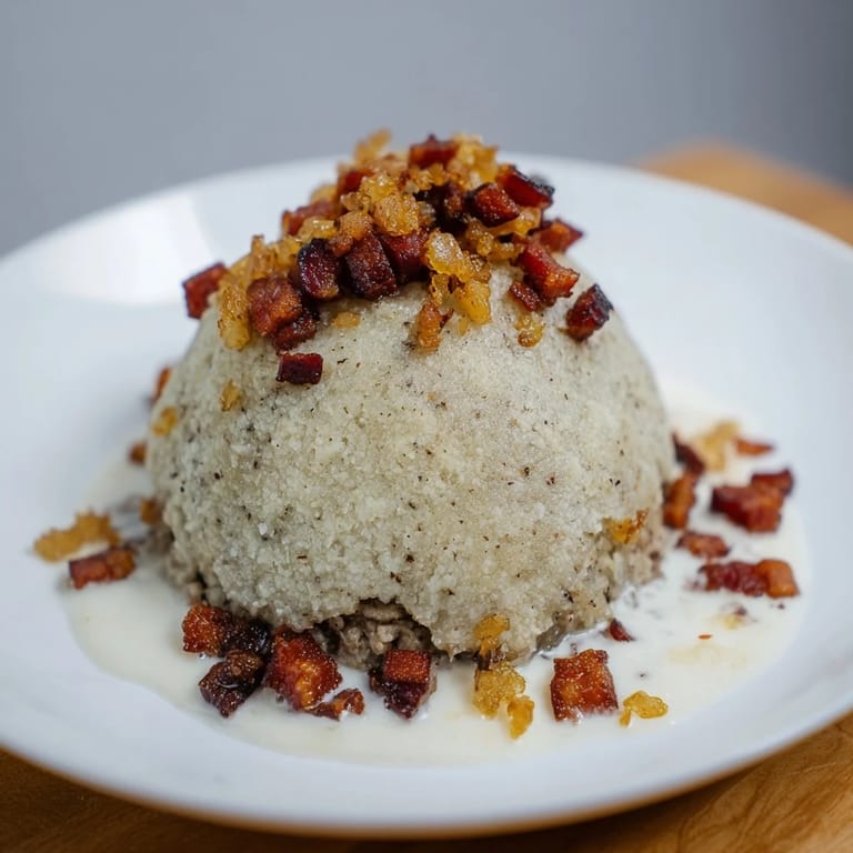 A close-up view displaying the delicious, hearty Cepelinai dumplings with bacon-flecked sour cream.