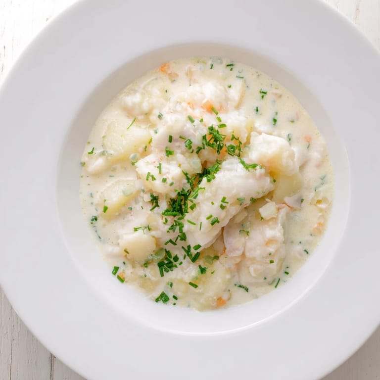 A bowl of Icelandic Fish Stew, garnished with fresh chives, inviting a warm, comforting meal.