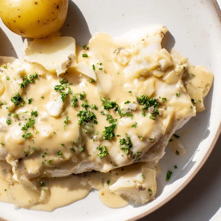 A close-up shot of Norwegian Lutefisk served with potatoes and mustard sauce for holiday feasts.