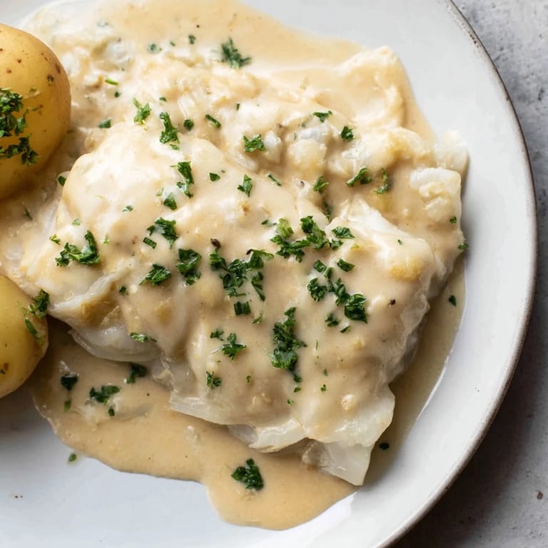 The savory, delicate flavor of Norwegian Lutefisk beautifully presented with mustard sauce and crispbread.