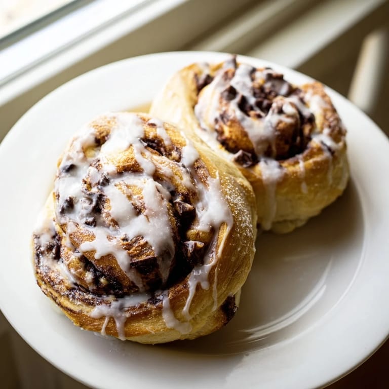 A close-up of warm Nutella chocolate chip rolls reveals fluffy spiraled dough, dripping with sweet glaze and chocolate chips.