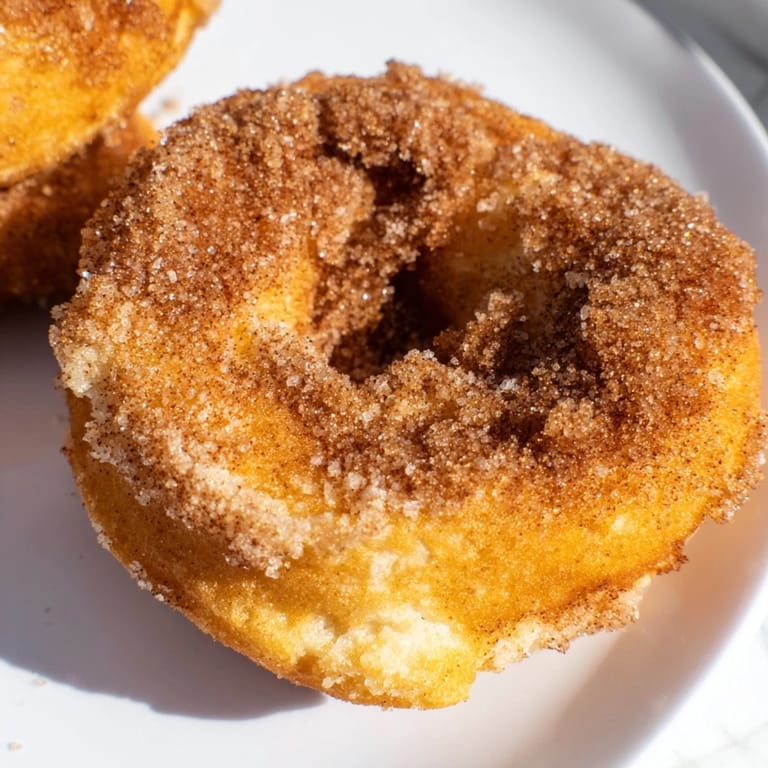 A close-up of fluffy Air Fryer Cinnamon Sugar Donuts, coated in sparkling cinnamon sugar, resting on a rustic wooden serving board.