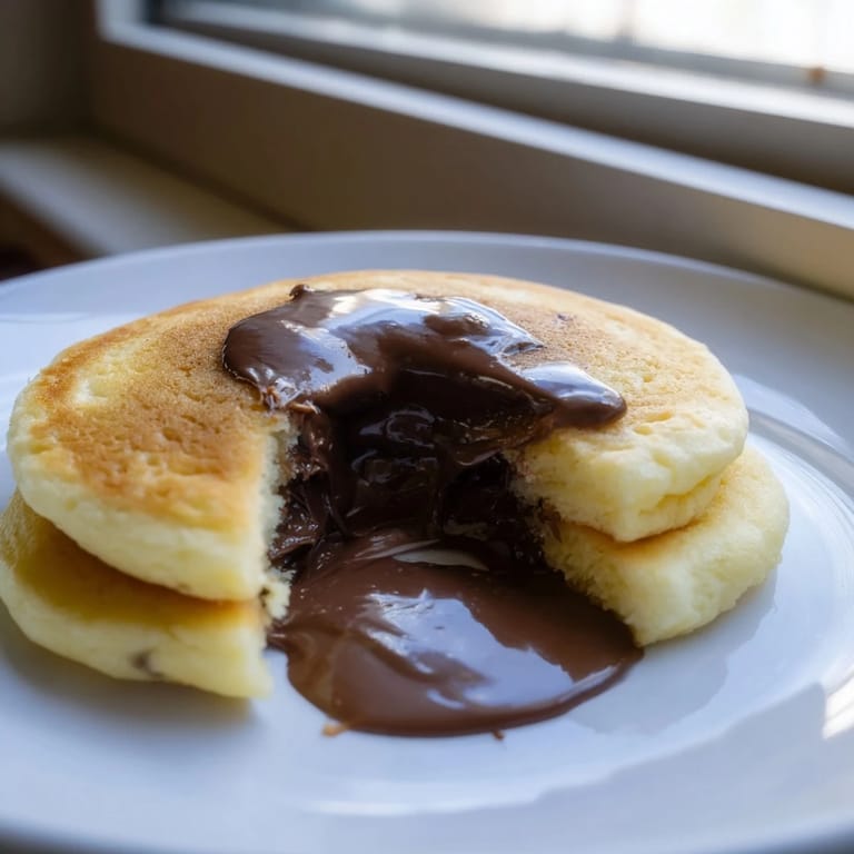 Homemade Nutella Stuffed Pancakes resting on a plate, ideal for a cozy brunch with a drizzle of extra sauce.