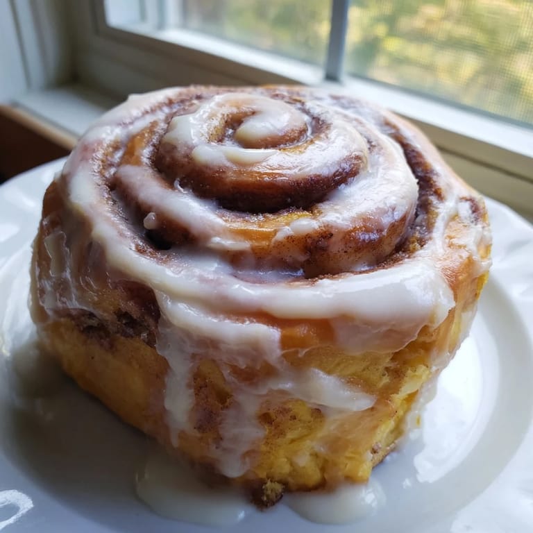 Golden-brown Pumpkin Cinnamon Rolls dripping with vanilla cream cheese frosting, served warm on a white ceramic platter for a cozy autumn breakfast.  