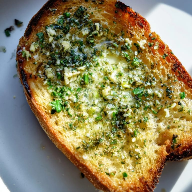 Rustic bread topped with melted Herb Butter Toast, showing herbs and salt beside a white wine.