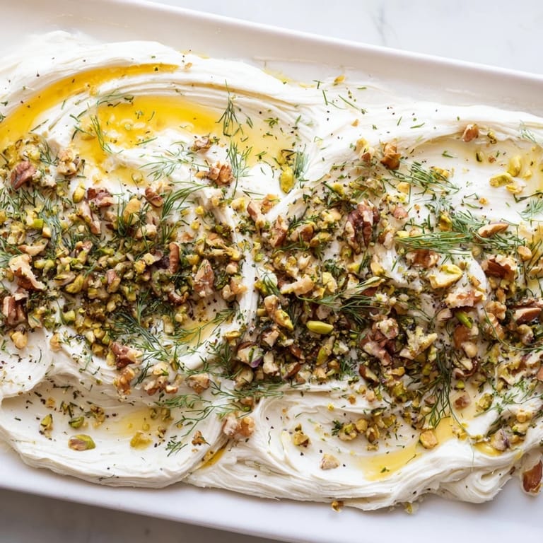 Soft butter swirled on a serving board, topped with fresh herbs and chopped nuts for a delicious Flavored Butter Board Charcuterie.