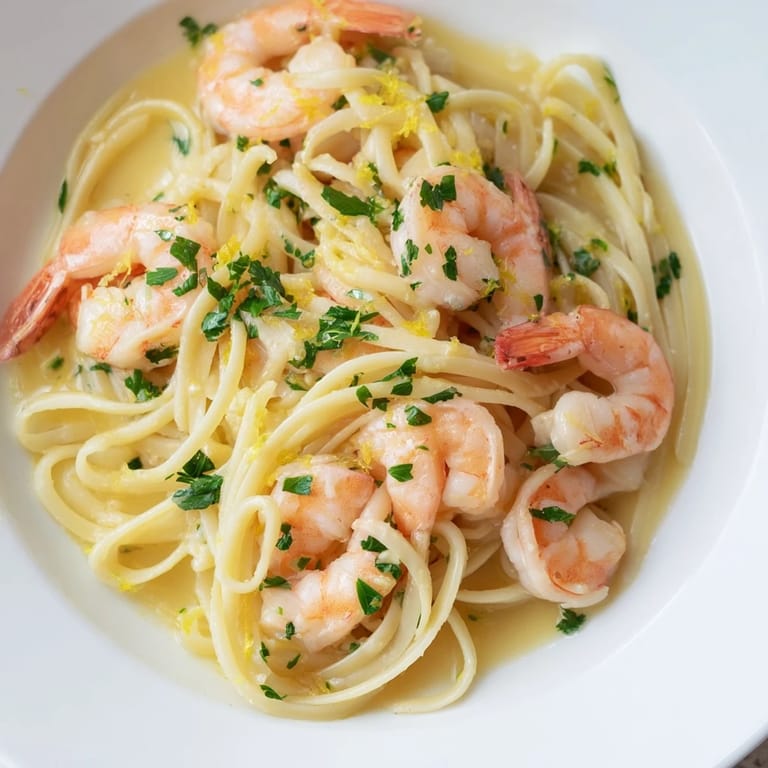Juicy shrimp sautéed in a savory garlic butter sauce tossed with tender linguine, garnished with fresh parsley and a bright squeeze of lemon.