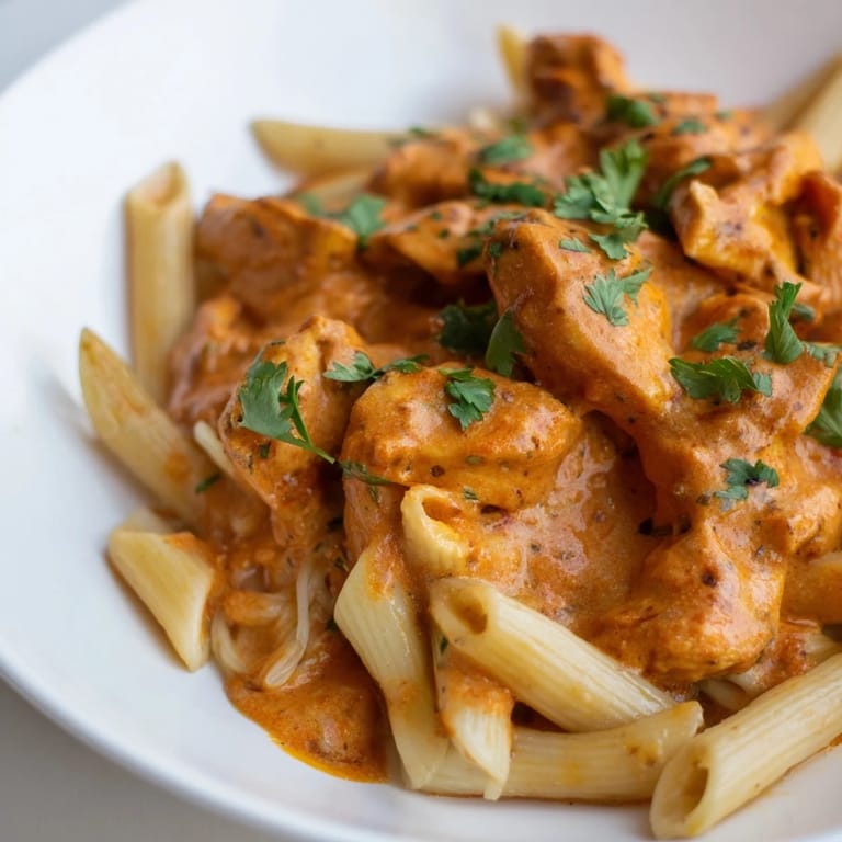 A vibrant serving of Chicken Tikka Pasta garnished with fresh cilantro, ready to enjoy with garlic naan or a crisp salad.