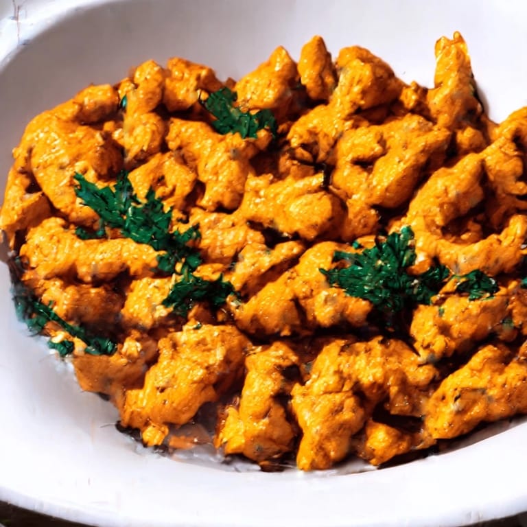 Close-up of Chicken Tikka Pasta showcasing charred chicken tikka nestled in penne and a rich, aromatic tomato cream sauce.