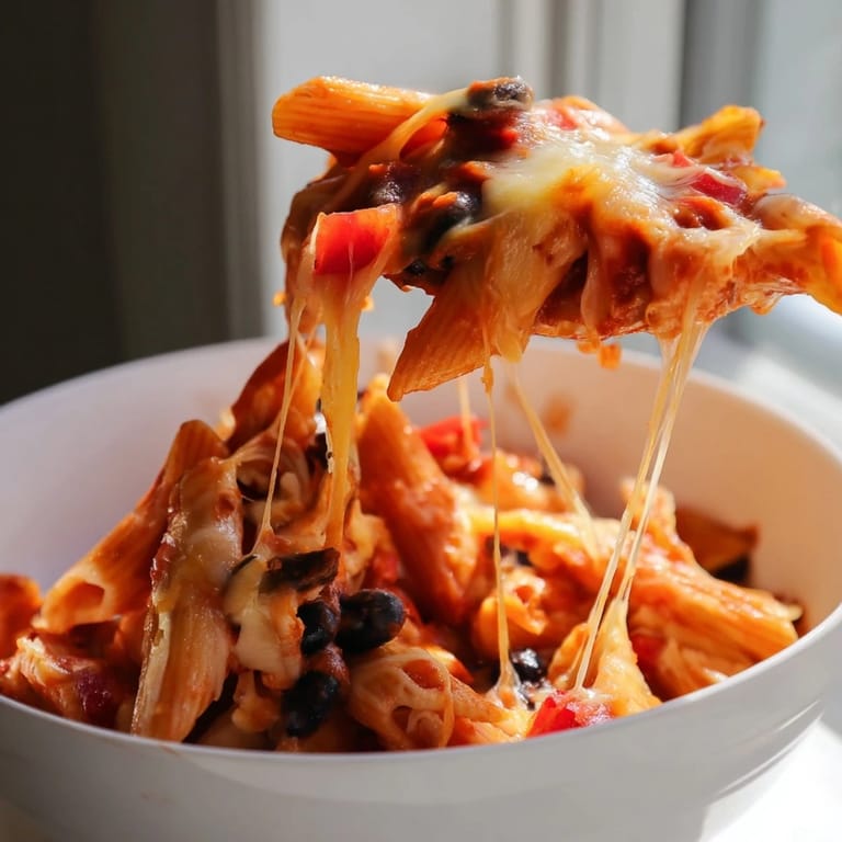 Family-style Chicken Enchilada Pasta served with garnishes of cilantro, green onions, and creamy avocado slices.
