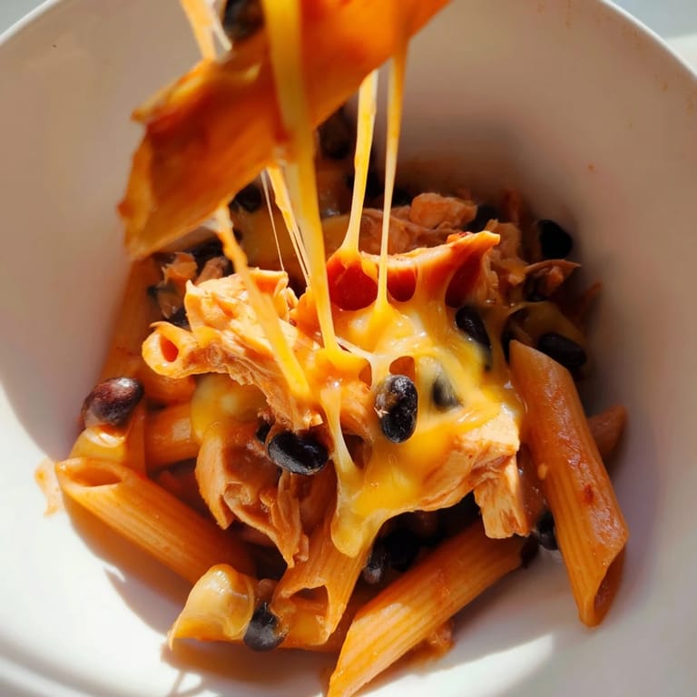 A skillet of Tex-Mex Chicken Enchilada Pasta is topped with golden, gooey melted cheddar and Monterey Jack.  