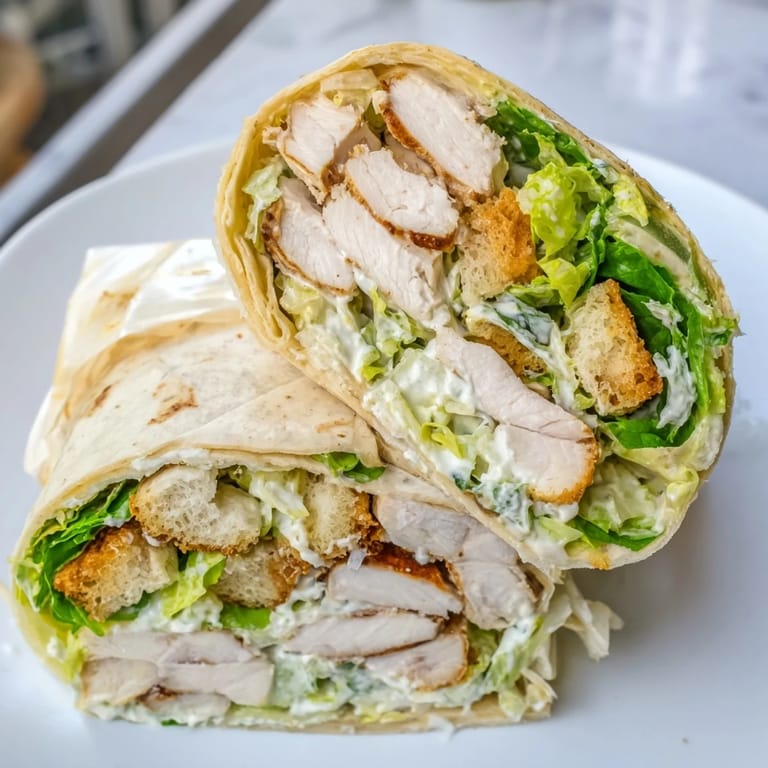 Two grilled Caesar chicken salad wraps sliced in half, showing layers of romaine, parmesan, and drizzled dressing.