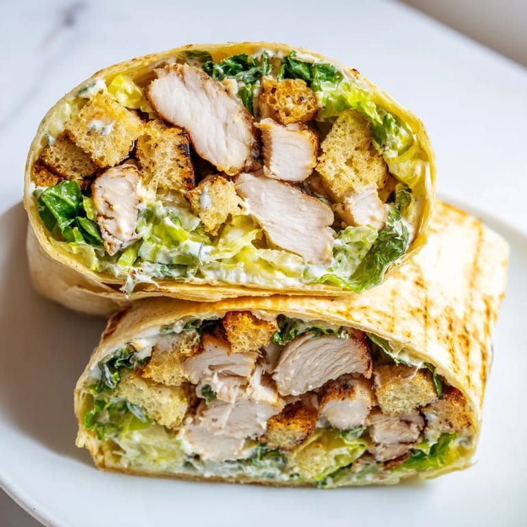 Handheld Caesar Chicken Salad Wrap served with fresh romaine and extra parmesan, perfect for lunch or a picnic.
