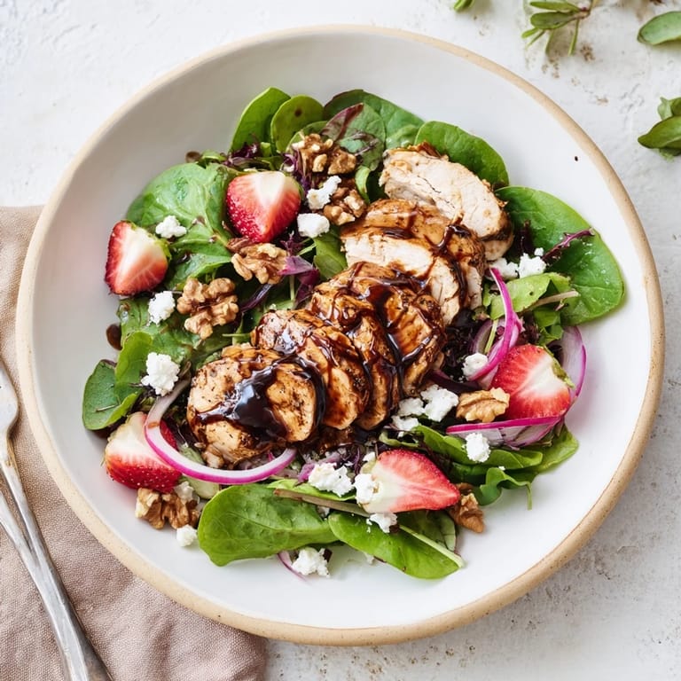 A plated serving of honey balsamic chicken salad, topped with red onion slices and optional toasted pecans.