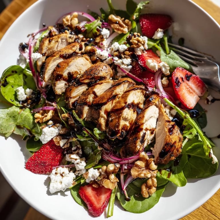 Honey balsamic chicken salad with juicy strawberries, crumbled goat cheese, and glistening glaze over fresh greens.
