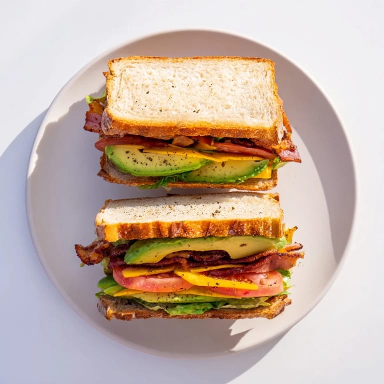 A comforting, homemade Avocado BLT Grilled Cheese rests on a wooden cutting board, featuring crispy bacon, vibrant greens, and ripe tomato with melted cheese visible on the toasted surface.