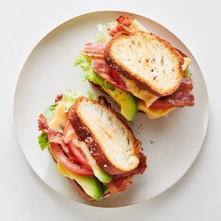 Close-up view of a halved Avocado BLT Grilled Cheese, revealing layers of gooey melted cheese, juicy tomato, crisp bacon, and fresh avocado nestled between golden toasted bread.